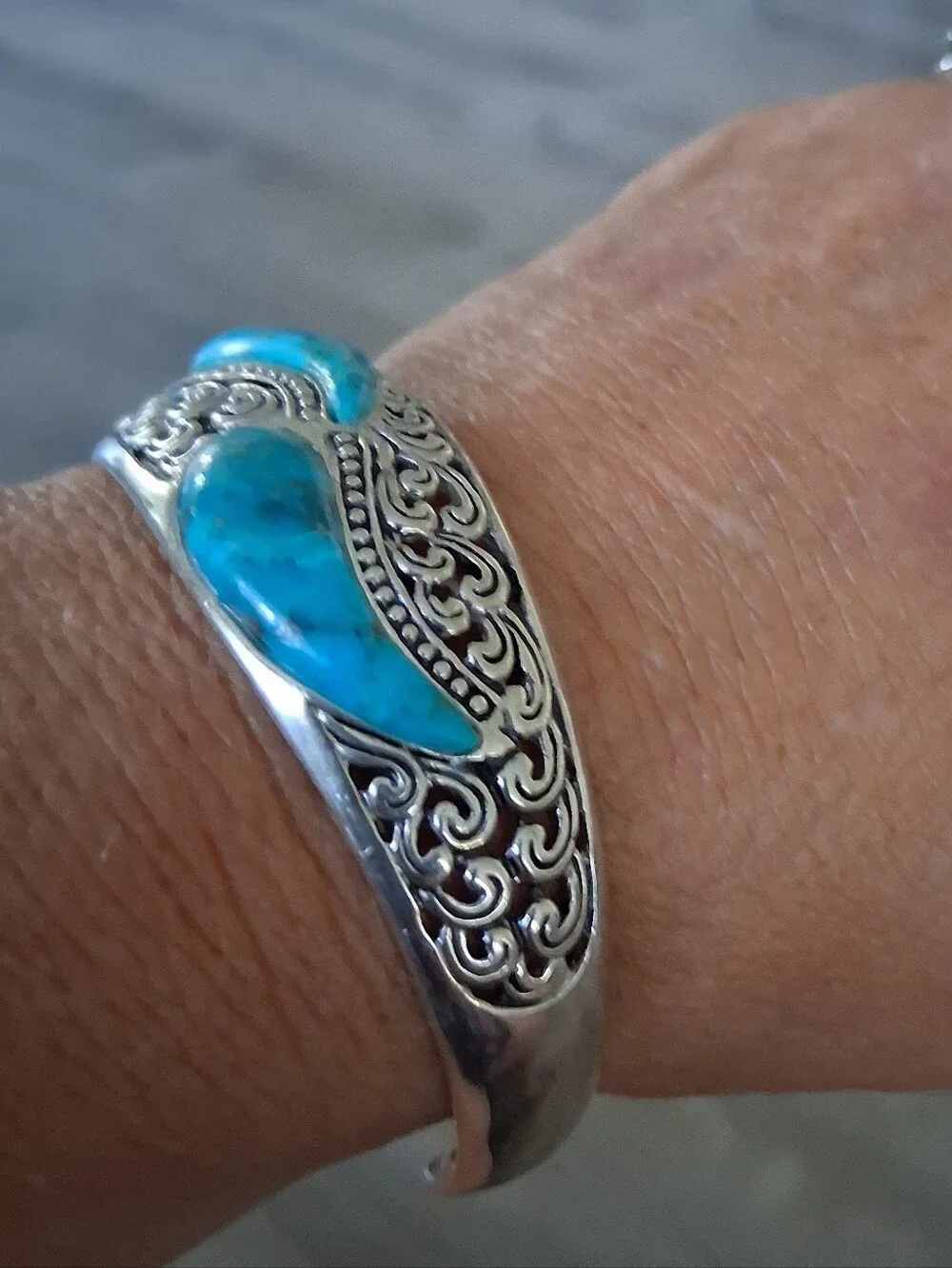 .925 Sterling Silver Natural Turquiose Filigree Cuff Bracelet